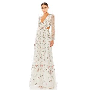 MAC DUGGAL EMBROIDERED FRILL LONG ILLUSION SLEEVE GOWN